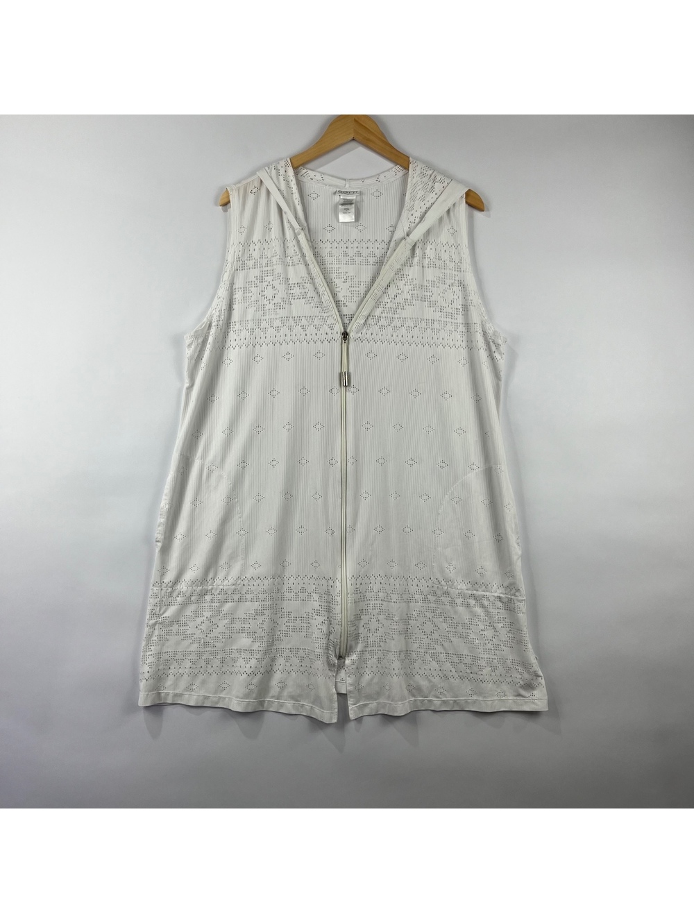 Dotti Woman Hooded Lace Openwork Longline Zip Front Vest Pockets XL Boho